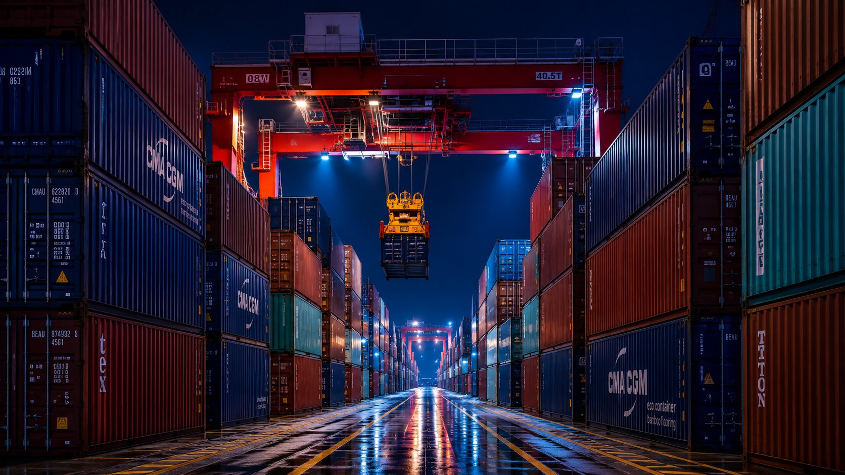 Container terminal at night, gantry crane lifting a container between stacked rows across the KNZ Imports trade corridor